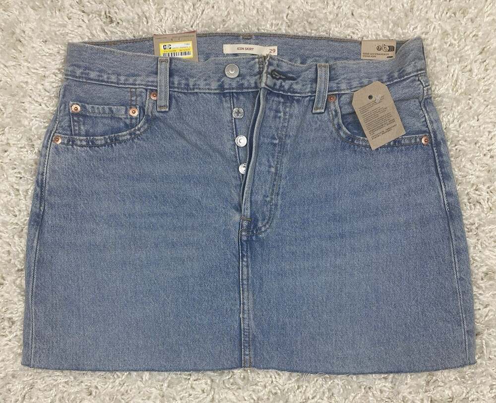 Levis Icon Skirt Womens 29 Light Blue Wash Denim Mini Button Fly Raw Hem NWT